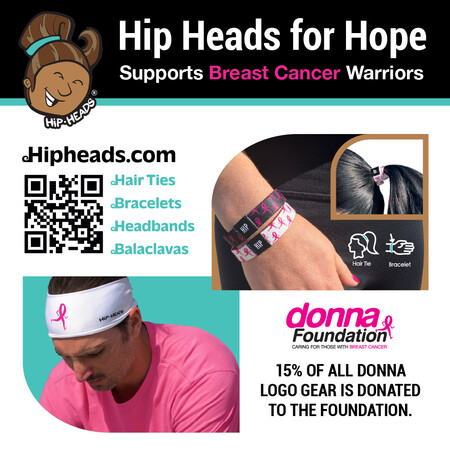 Promotional image for Hip Heads for Hope showing hair ties, bracelets, headbands, and balaclavas supporting breast cancer warriors with 15% of proceeds donated to the Donna Foundation. | The DONNA Foundation