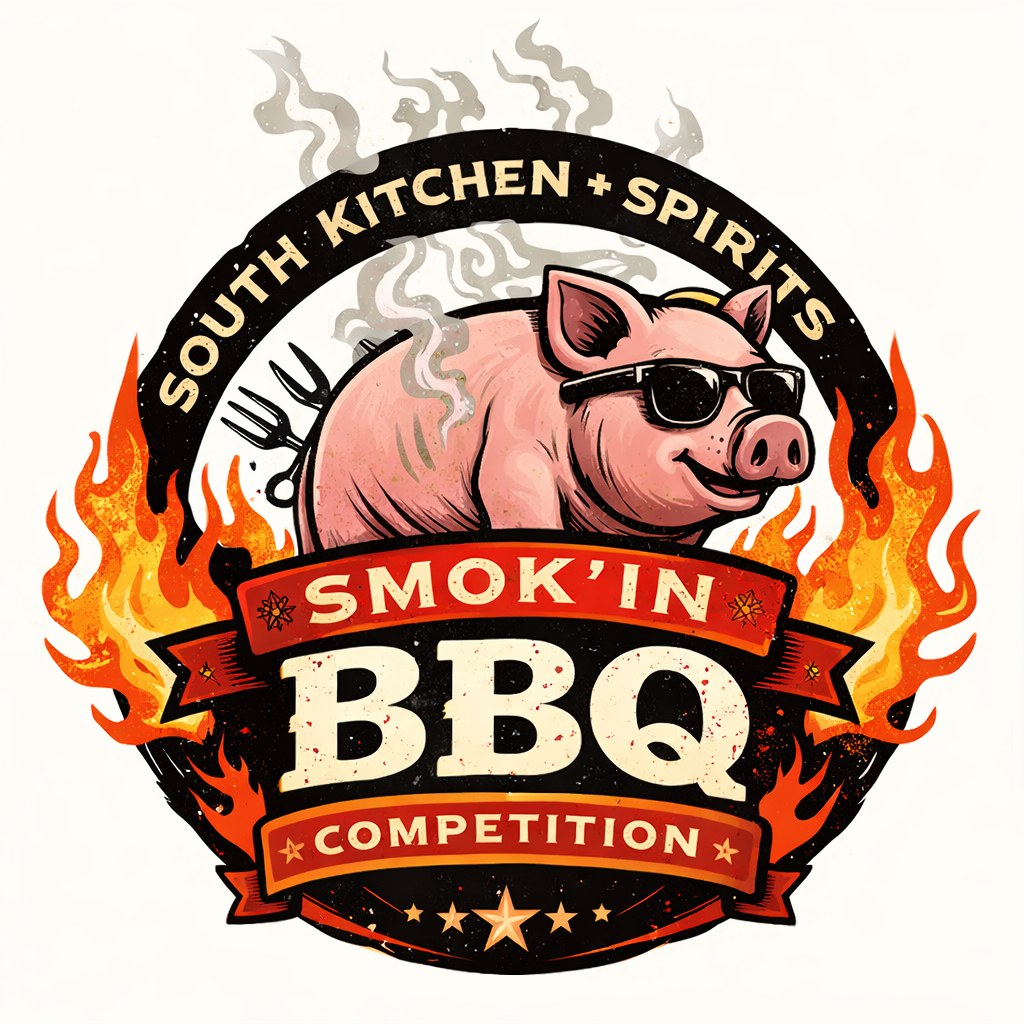 Logo for South Kitchen & Spirits featuring a pig in sunglasses with grilling utensils, smoke, and flames, promoting a "Smok'in BBQ Competition. | The DONNA Foundation