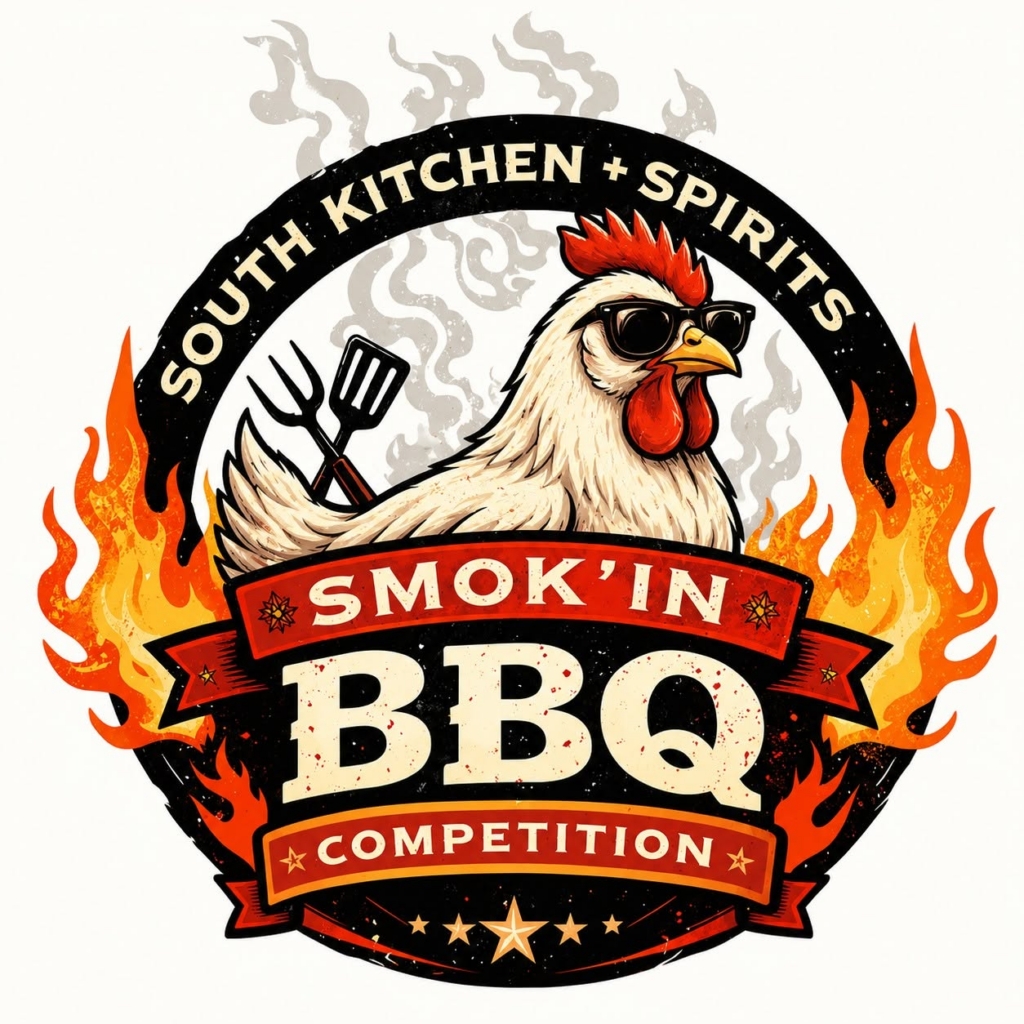 Logo for South Kitchen + Spirits Smokin’ BBQ Competition featuring a chicken with sunglasses, grilling tools, and flames. | The DONNA Foundation