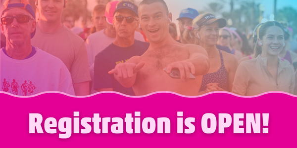 A group of people at an outdoor event, some smiling and cheering. Text below reads: "Registration is OPEN!. | The DONNA Foundation